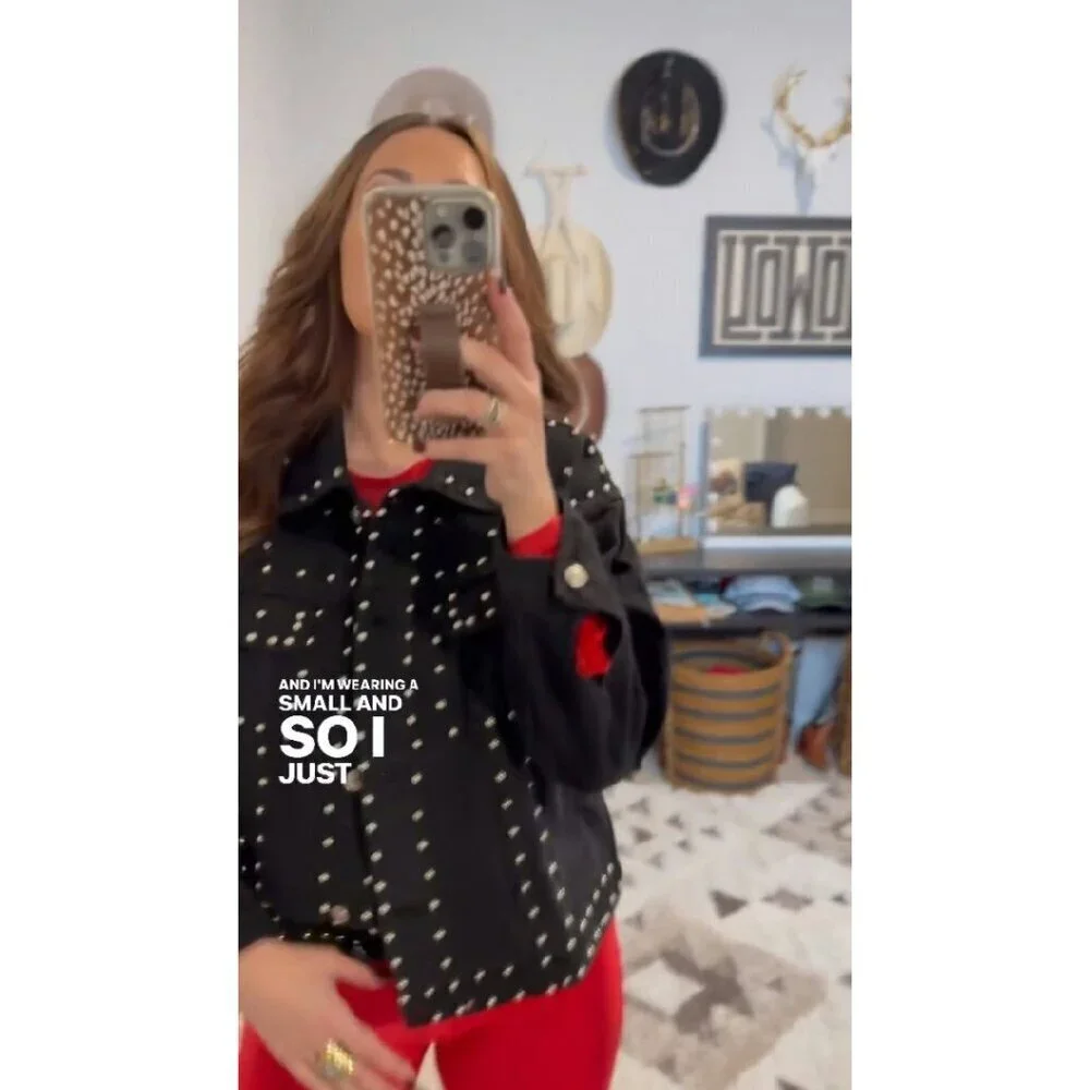 Cropped Denim Jacket with Rivet Studs, Distressed White, Button Cuffs